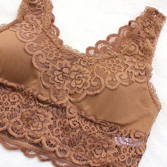 Zenana Camel Brown Seamless Stretch Lace  Bralette w/Removable Pads Bra Top S/M - Picture 15 of 16